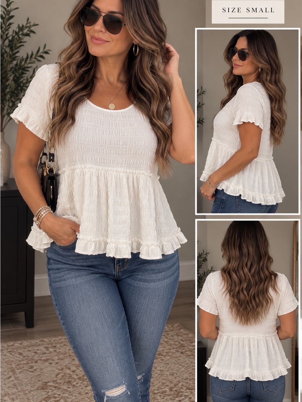entro White Smocked Ruffle Peplum Top
